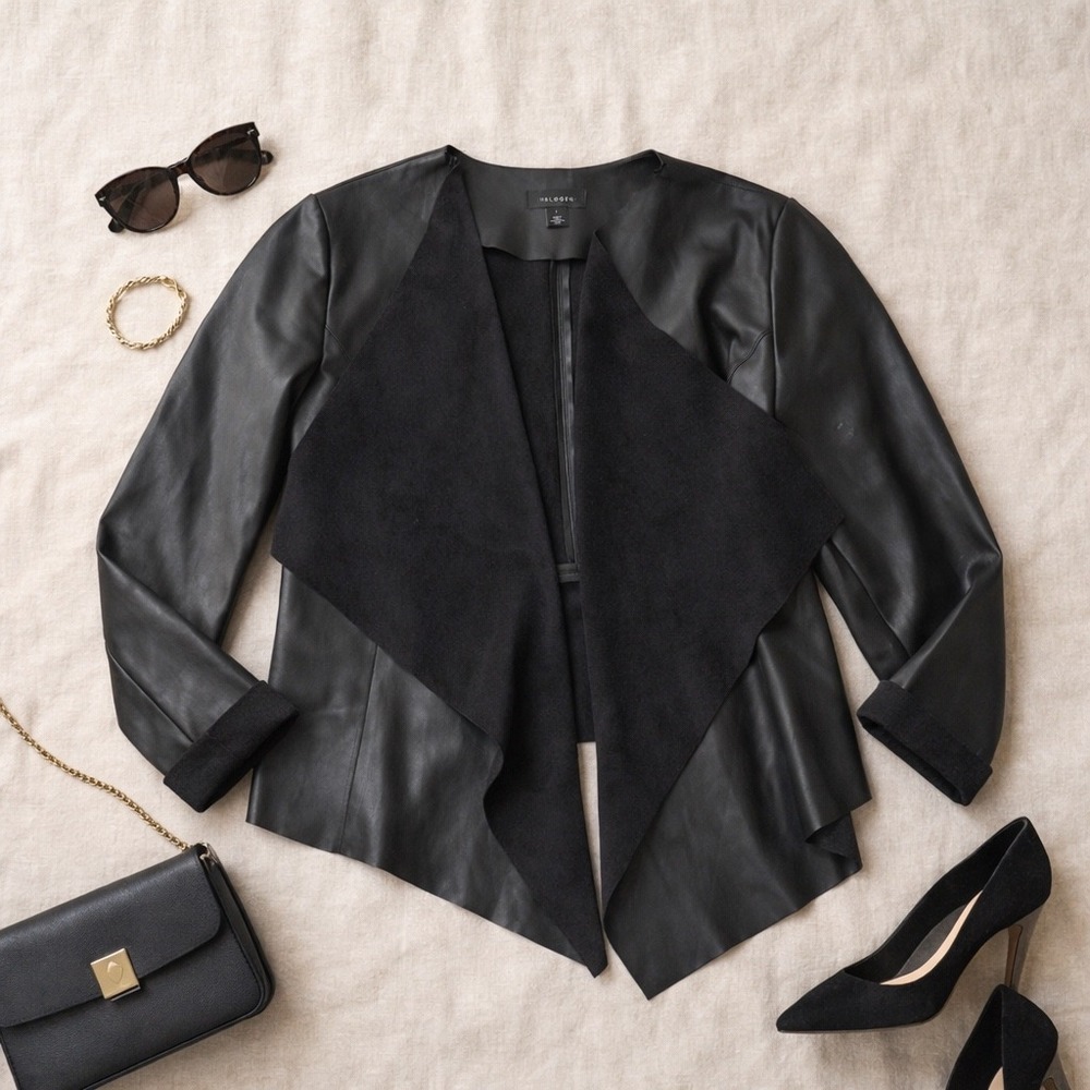 Halogen Black Faux Leather Draped Waterfall Open Front Jacket Womens Size 1